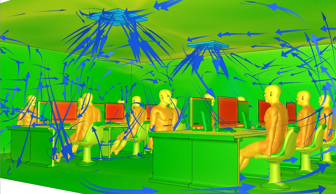 空調の空気流動をバーチャル上で解析・検証する技術のイメージ写真