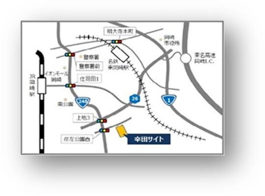 幸田サイトへのアクセスマップ。東名高速道路「岡崎インターチェンジ」やJR岡崎駅、国道248号線からのルート案内図