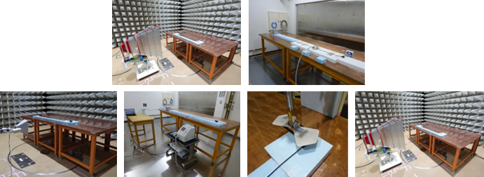 車載EMC評価に用いられる電波暗室内部の様子。各種測定台やアンテナが配置されており、製品をテストする環境が複数示されている。